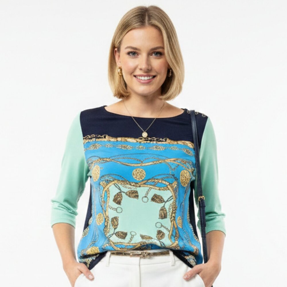 Charter Club Blouse Blue Black Equestrian Preppy Casual M